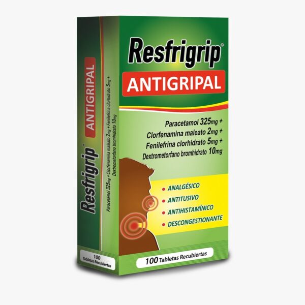 RESFRIGRIP ANTIGRIPAL X 100 TABLETAS <span> Paracetamol 325mg + Clorfenamina maleato 2mg + Fenilefrina clorhidrato 5mg + Dextrometorfano bromhidrato 10mg </span>